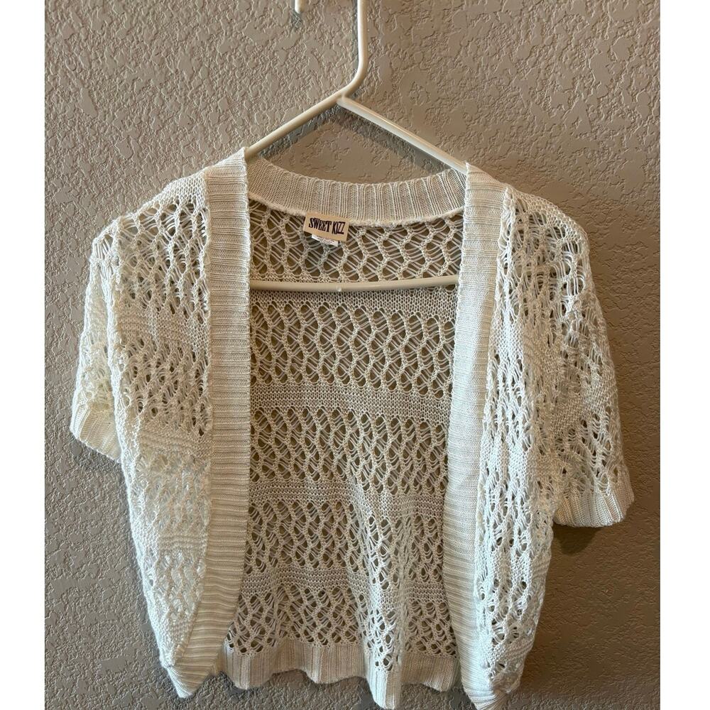 Vintage Sweet Kizz White Open Knit Crochet Cropped Cardigan Boho Coastal
